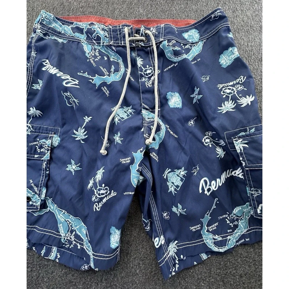 J. Crew Board Shorts Mens‎ Size 36 Blue Bermuda Palm Trees Island Pockets Beach